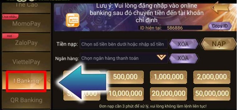 Nạp tiền CFUN68 nhanh chóng với Ibanking