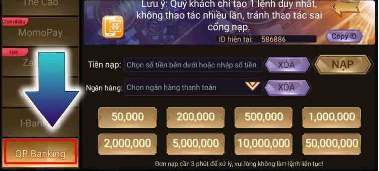 Nạp tiền CFUN68 bằng quét mã QR-Banking